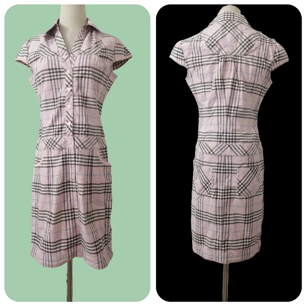 sz M,🐿 pink cotton plaid cup sleeves dress